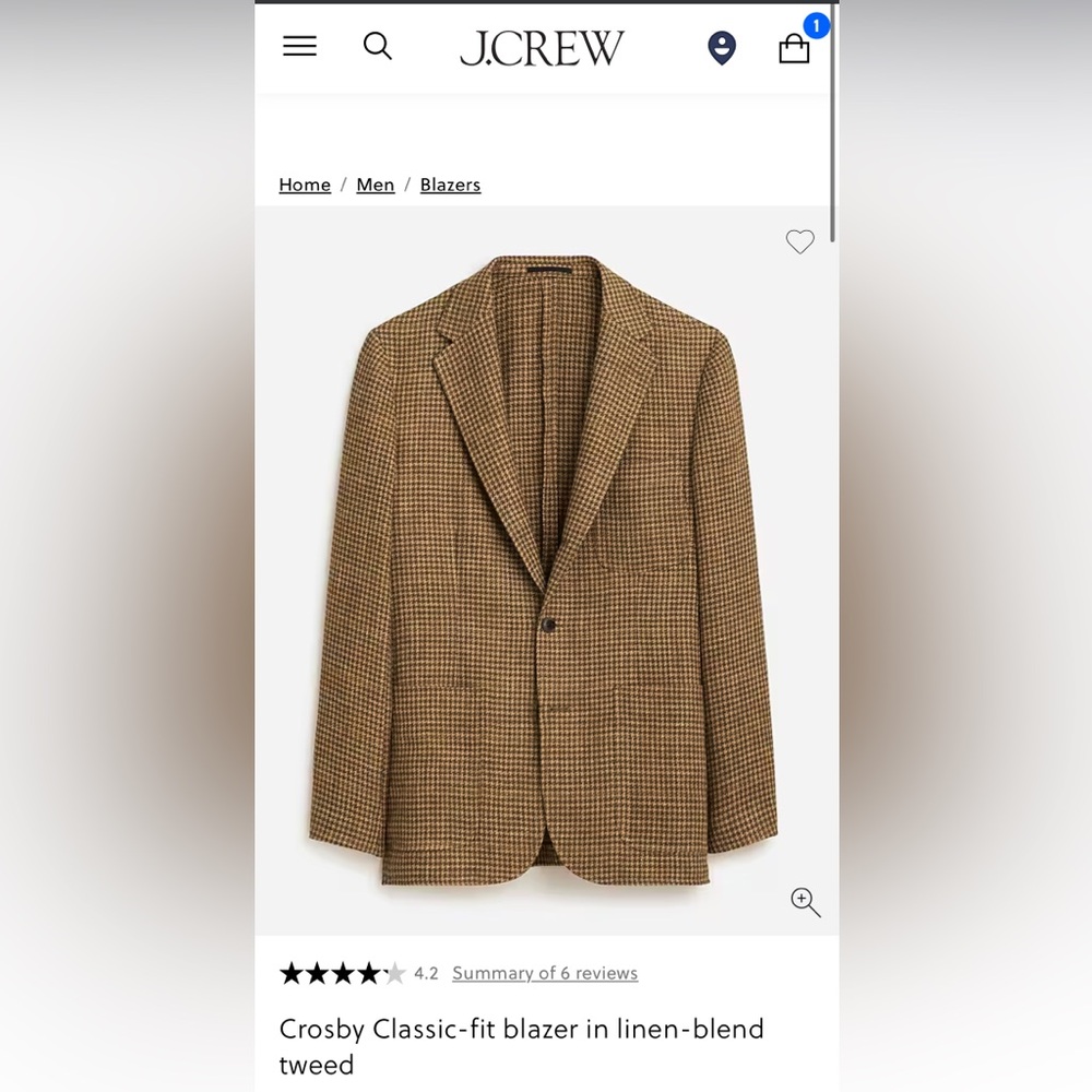 J.Crew Crosby Classic-Fit Blazer in Linen-blend Tweed size 42R